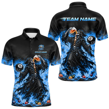 Maxcorners Funny Blue Flaming Grim Reaper Beer Billiard Shirts for Men Custom 8 Ball Pool Team Jersey