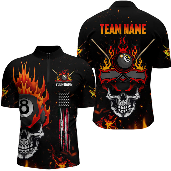 Maxcorners Personalized Fire Flame Skull American Flag Billiard Shirts For Men, 8 Ball Pool Billiard Jerseys