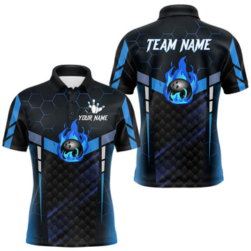 Maxcorners Black And Blue Bowling Jersey For Men Custom Flame Bowling Shirt Team Polo & Quarter Zip