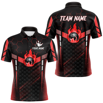 Maxcorners Black And Red Bowling Jersey For Men Custom Flame Bowling Shirt Team Polo & Quarter Zip