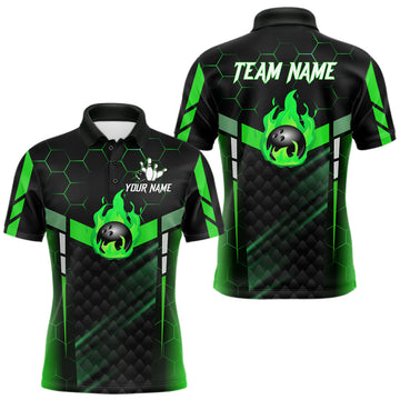 Maxcorners Black And Green Bowling Jersey For Men Custom Flame Bowling Shirt Team Polo & Quarter Zip
