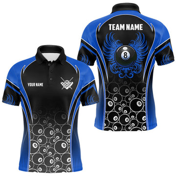 Maxcorners Personalized Black And Blue 8 Ball Wings Billiard Shirts For Men, Pool Team Jersey Polo & 1/4 Zip LM2607