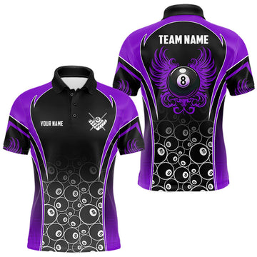 Maxcorners Personalized Black And Purple 8 Ball Wings Billiard Shirts For Men, Pool Team Jersey Polo & 1/4 Zip LM2607