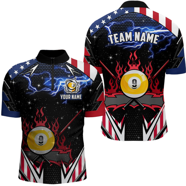 Maxcorners 9 Ball Pool Billiard Jerseys Custom Lightning American Flag Men Billiard Shirts, 9 Ball Team Shirts