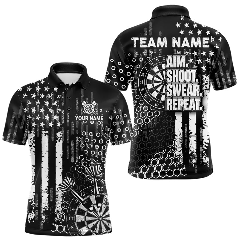 Maxcorners White Black US Flag Aim Shoot Swear Repeat Darts Shirts For Men Custom Grunge Darts Team Jersey