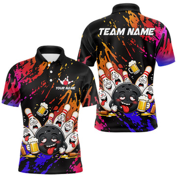 Maxcorners Custom Blue And Red Drunk Bowling Balls And Pins Funny Bowling Shirts For Men, Beer Bowling Jersey LM2806