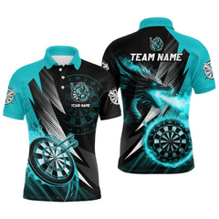 Maxcorners Personalized Strike Black & Turquoise Flaming Dragon Dart Shirts For Men Custom Dart Team Jersey TU0107