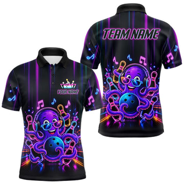 Maxcorners Funny Neon Octopus Music Bowling Polo & Quarter Zip For Men, Custom Bowling Team Jersey Bowling Gift LM0106