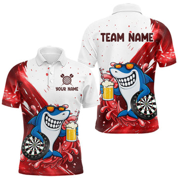 Maxcorners Red And White Funny Shark Darts Shirts For Men Custom Darts Team Jersey Polo, Quarter Zip LM0409