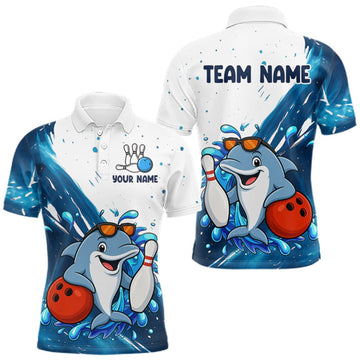 Maxcorners White And Blue Funny Dolphin Bowling Polo, Quarter Zip Shirts For Men Custom Bowling Team Jersey LM0409