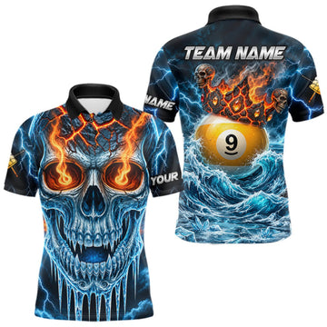 Maxcorners Blue And Orange Custom Skull 9 Ball Pool Icy Billiard Shirts For Men, Billiard Team Jersey LM0410