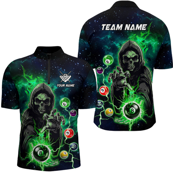 MaxCorners Billiard Green Death Skeleton Customized Name, Team Name 3D Polo Shirt For Men