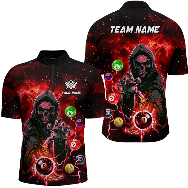 MaxCorners Billiard Red Death Skeleton Customized Name, Team Name 3D Polo Shirt For Men