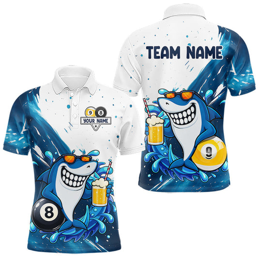 Maxcorners Custom Blue Funny Shark 8 Ball & 9 Ball Pool Billiard Jersey For Men Custom Pool Team Shirt Polo & 1/4 Zip