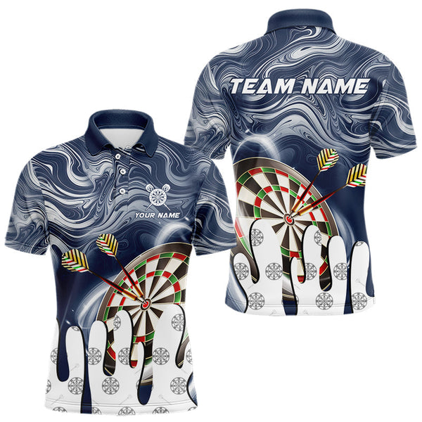 Maxcorners Personalized Marble Swirl Dart Shirts For Men Custom Funny Darts Team Jersey Polo & 1/4 Zip |Blue LM1506