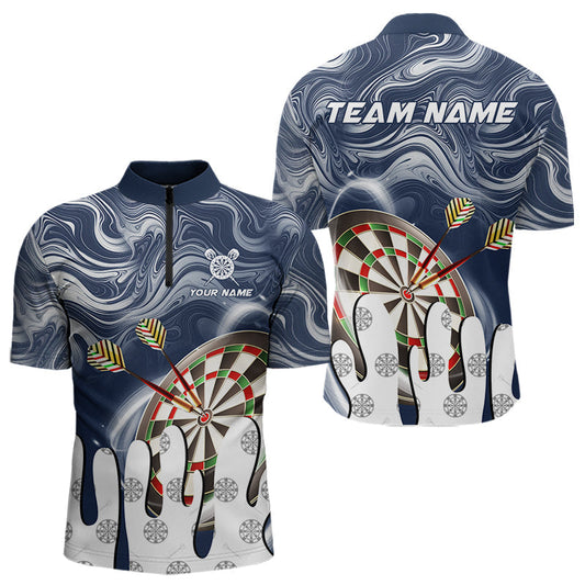 Maxcorners Personalized Marble Swirl Dart Shirts For Men Custom Funny Darts Team Jersey Polo & 1/4 Zip |Blue LM1506