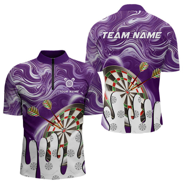 Maxcorners Personalized Marble Swirl Dart Shirt For Men Custom Funny Darts Jersey Team Polo & 1/4 Zip| Purple LM2206