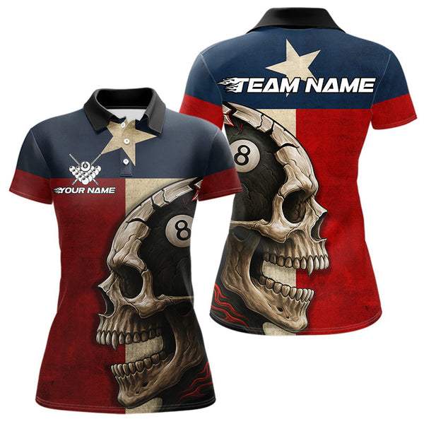 Maxcorners Personalized Grunge Texas Flag Skull Billiard Shirt For Men, 8 Ball Patriotic Pool Team Jerseys  LM1506