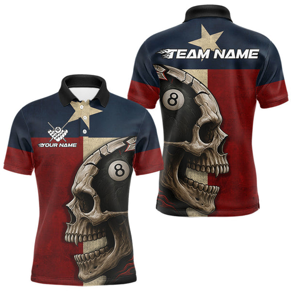 Maxcorners Personalized Grunge Texas Flag Skull Billiard Shirt For Men, 8 Ball Patriotic Pool Team Jerseys  LM1506