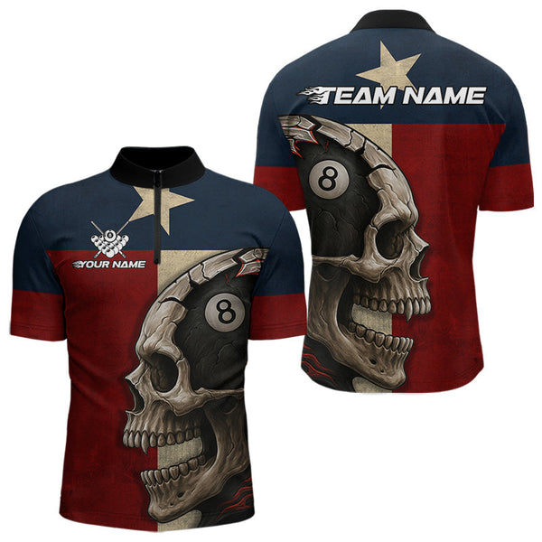 Maxcorners Personalized Grunge Texas Flag Skull Billiard Shirt For Men, 8 Ball Patriotic Pool Team Jerseys  LM1506