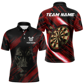 Maxcorners Personalized Red & Black Lion Dart Shirt For Men Custom Light Dartboard Team Jersey Polo & 1/4 Zip LM1203