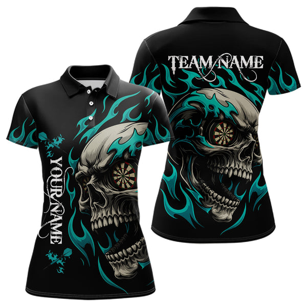 Maxcorners Personalized Turquoise Flaming Skull Darts Shirt For Men Custom Darts Jersey Team Polo & 1/4 Zip MT0609