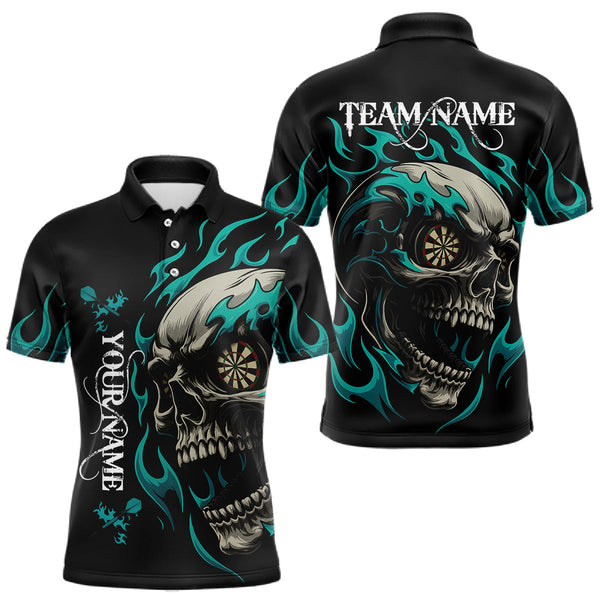 Maxcorners Personalized Turquoise Flaming Skull Darts Shirt For Men Custom Darts Jersey Team Polo & 1/4 Zip MT0609
