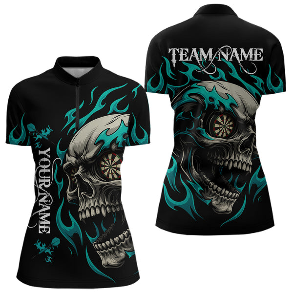 Maxcorners Personalized Turquoise Flaming Skull Darts Shirt For Men Custom Darts Jersey Team Polo & 1/4 Zip MT0609