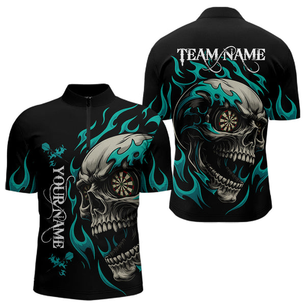 Maxcorners Personalized Turquoise Flaming Skull Darts Shirt For Men Custom Darts Jersey Team Polo & 1/4 Zip MT0609