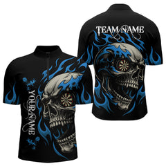 Maxcorners Personalized Blue Flaming Skull Darts Shirt For Men Custom Darts Jersey Team Polo & 1/4 Zip MT0609