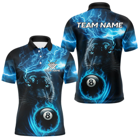 Maxcorners Custom Panther Billiard Polo & 1/4 Zip For Men, Blue Flame 8 Ball Lightning Pool Team Jersey TU1108