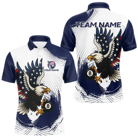 Maxcorners Personalized Grunge Paint Eagle US Flag 8 Ball Billiard Shirt For Men, White Navy Pool Team Jersey LM1109