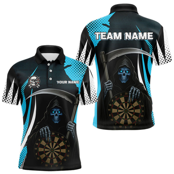 Maxcorners Personalized Blue Grim Reaper Dart Shirt For Men Custom Skull Dart Jerseys Team Polo & 1/4 Zip  LM2206