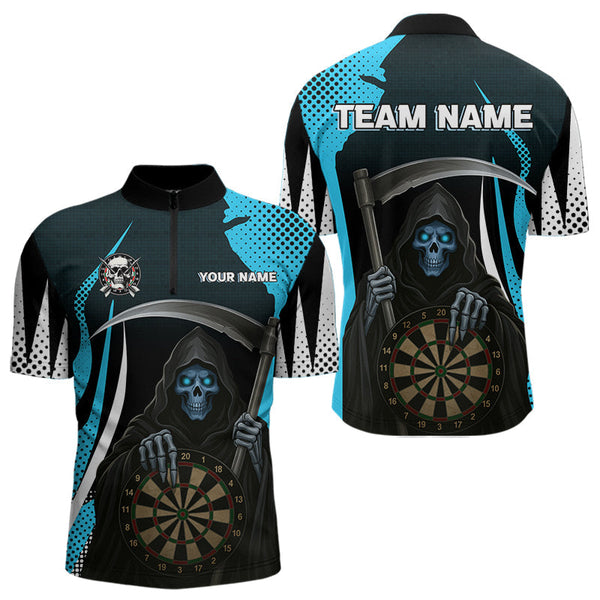 Maxcorners Personalized Blue Grim Reaper Dart Shirt For Men Custom Skull Dart Jerseys Team Polo & 1/4 Zip  LM2206