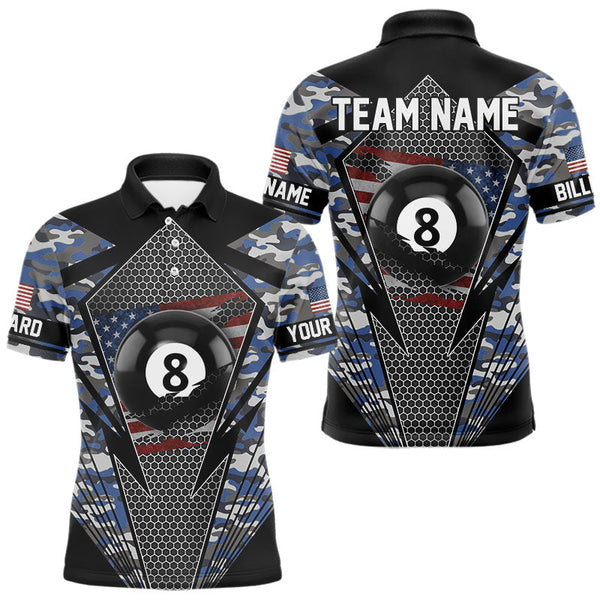 Maxcorners Personalized Blue Camo 8 Ball Pool Billiard Shirt For Men, Patriotic US Flag Billiard Team Jersey LM2206