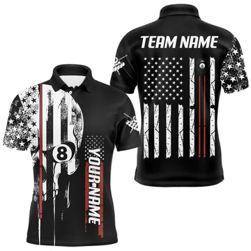 Maxcorners Personalized 8 Ball Skull Billiard Shirt For Men, American Flag Pool Team Jerseys Polo & 1/4 Zip LM1708