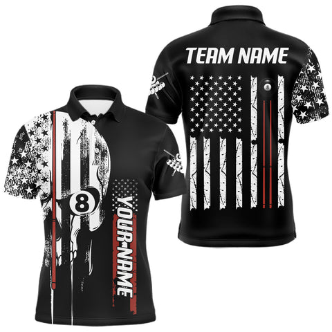 Maxcorners Personalized 8 Ball Skull Billiard Shirt For Men, American Flag Pool Team Jerseys Polo & 1/4 Zip LM1708