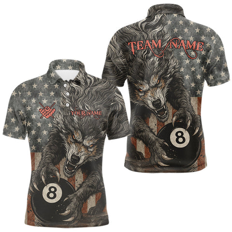 Maxcorners Personalized Vintage American Flag Wolf Billiard Shirt For Men, 8 Ball Pool Billiard Team Jerseys LM1809
