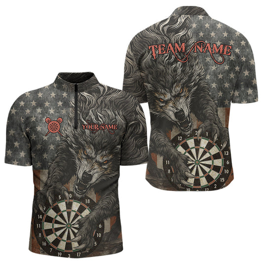 Maxcorners Personalized Vintage American Flag Wolf Darts Shirt For Men, Patriotic Dart Team Jerseys MT2306