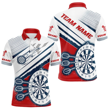 Maxcorners Personalized Red, White & Navy Darts Shirt For Men Custom Sport Darts Team Jerseys Polo & 1/4 Zip