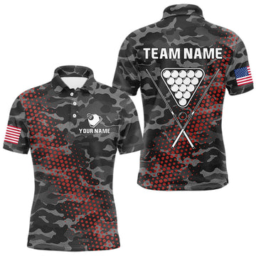 Maxcorners Personalized Red & Grey Camo Billiard Shirt For Men, 8 Ball Billiard Jersey Team Polo & 1/4 Zip LM1203
