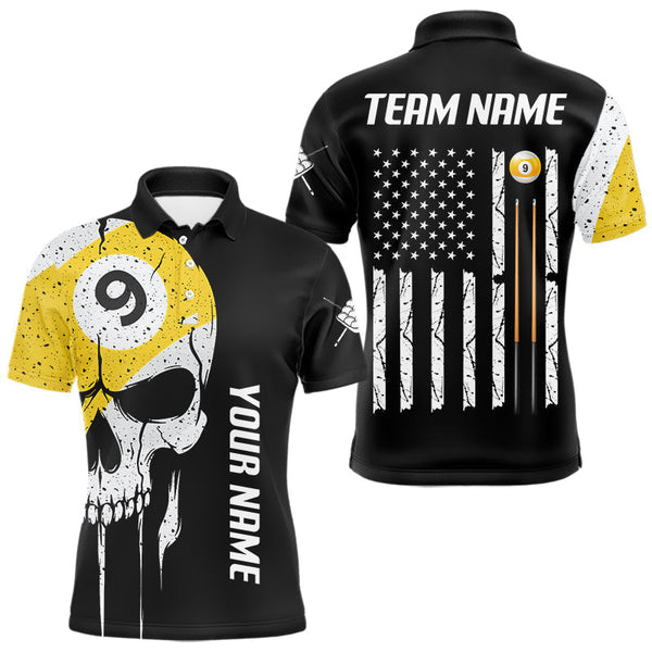 Maxcorners Personalized 9 Ball Skull Billiard Shirt For Men, American Flag Pool Team Jerseys Polo & 1/4 Zip LM3006