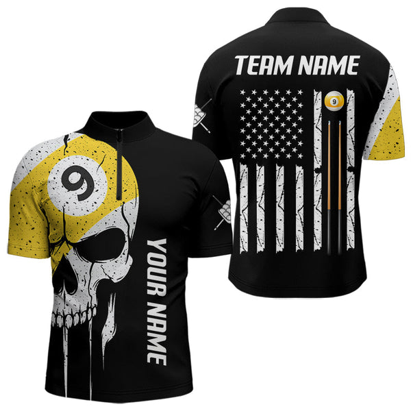 Maxcorners Personalized 9 Ball Skull Billiard Shirt For Men, American Flag Pool Team Jerseys Polo & 1/4 Zip LM3006