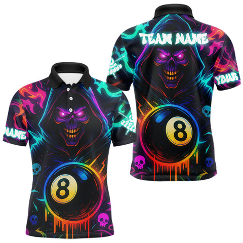 Maxcorners Colorful Neon Grim Reaper 8 Ball Pool Billiard Shirt For Men Custom Billiard Team Jersey MT2108