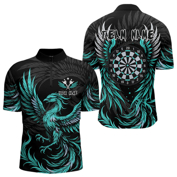 Maxcorners Personalized Phoenix Dartboard Wings Men's Dart Shirts Custom Black & Turquoise Darts Team Jerseys LM3006