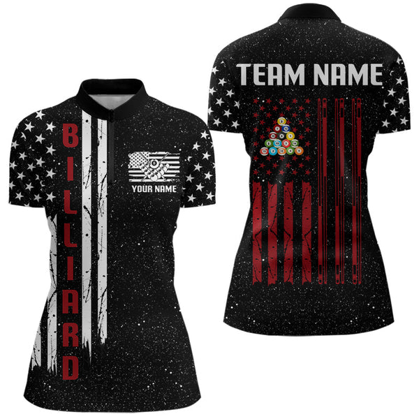 Maxcorners Grunge USA Flag Billiard Jerseys For Men Custom Patriotic Billiard Polo & Quarter Zip Team Shirt MT1006