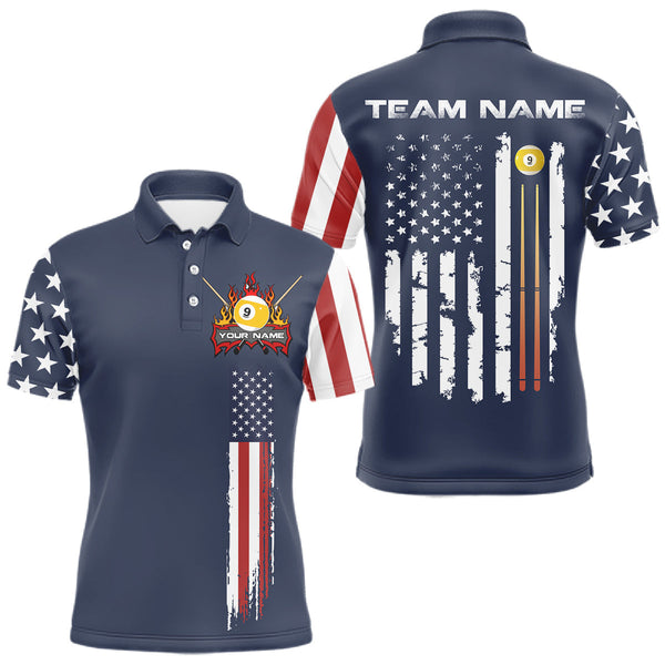 Maxcorners Personalized American Flag Blue Navy 9 Ball Pool Team Shirt For Men Custom Patriotic Billiard Shirt TU0309