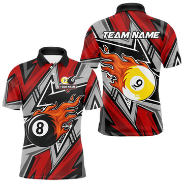 Maxcorners Personalized Men's Billiard Shirts, Flame 8&9 Ball Custom Red Zig-Zag Billiard Team Jerseys MT1006