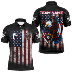 Maxcorners Grunge American Flag Eagle 8 Ball Billiard Polo & 1/4 Zip Custom Men's Patriotic Pool Team Jersey  LM0803