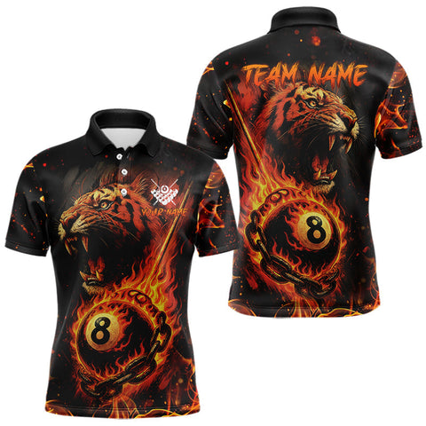 Maxcorners Personalized 8 Ball Chain Flame Tiger Billiard Shirt For Men Custom Pool Jerseys Polo & 1/4 Zip TU1407